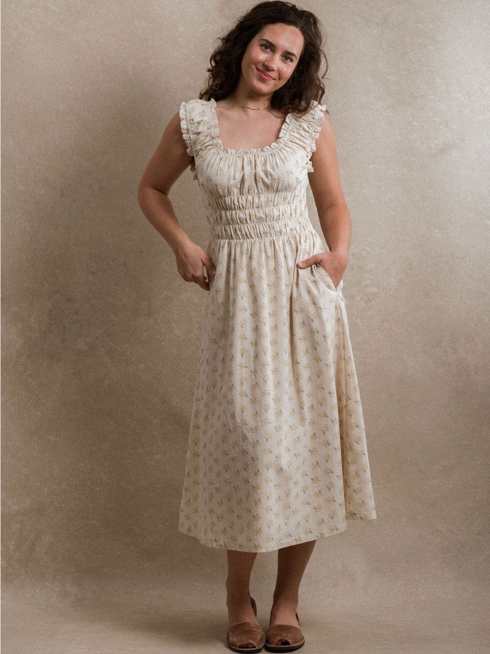 Neuflora Seaview Dress Size Small Marigold Floral Smocked Cotton Midi Dress